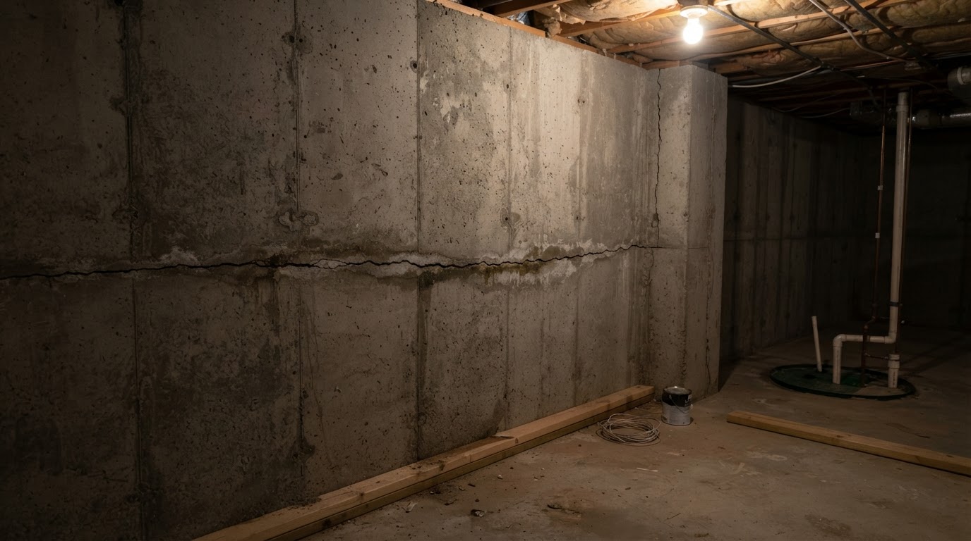 Basement wall with horizontal crack before carbon fiber reinforcement near Brandywine, Maryland