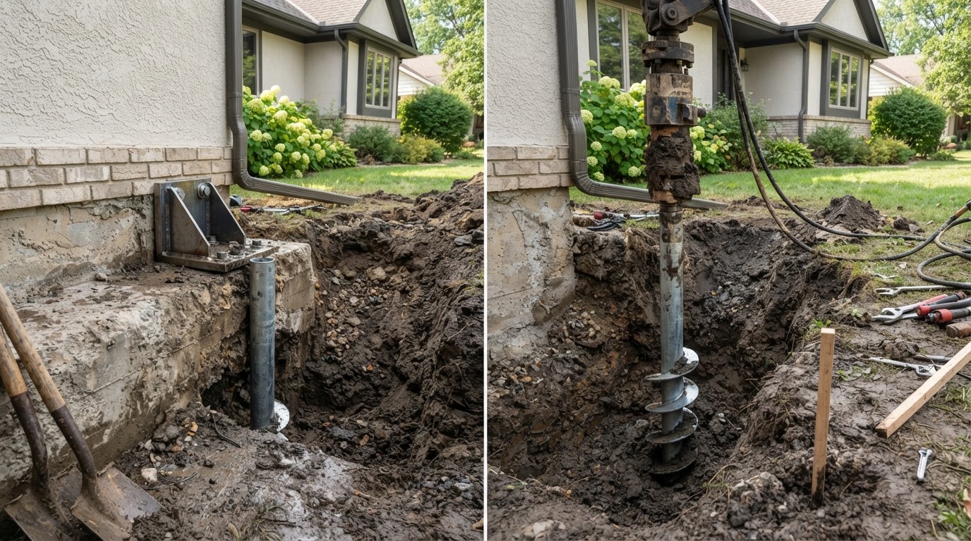 Helical pier and bracket installed for foundation stabilization in Brandywine, Maryland