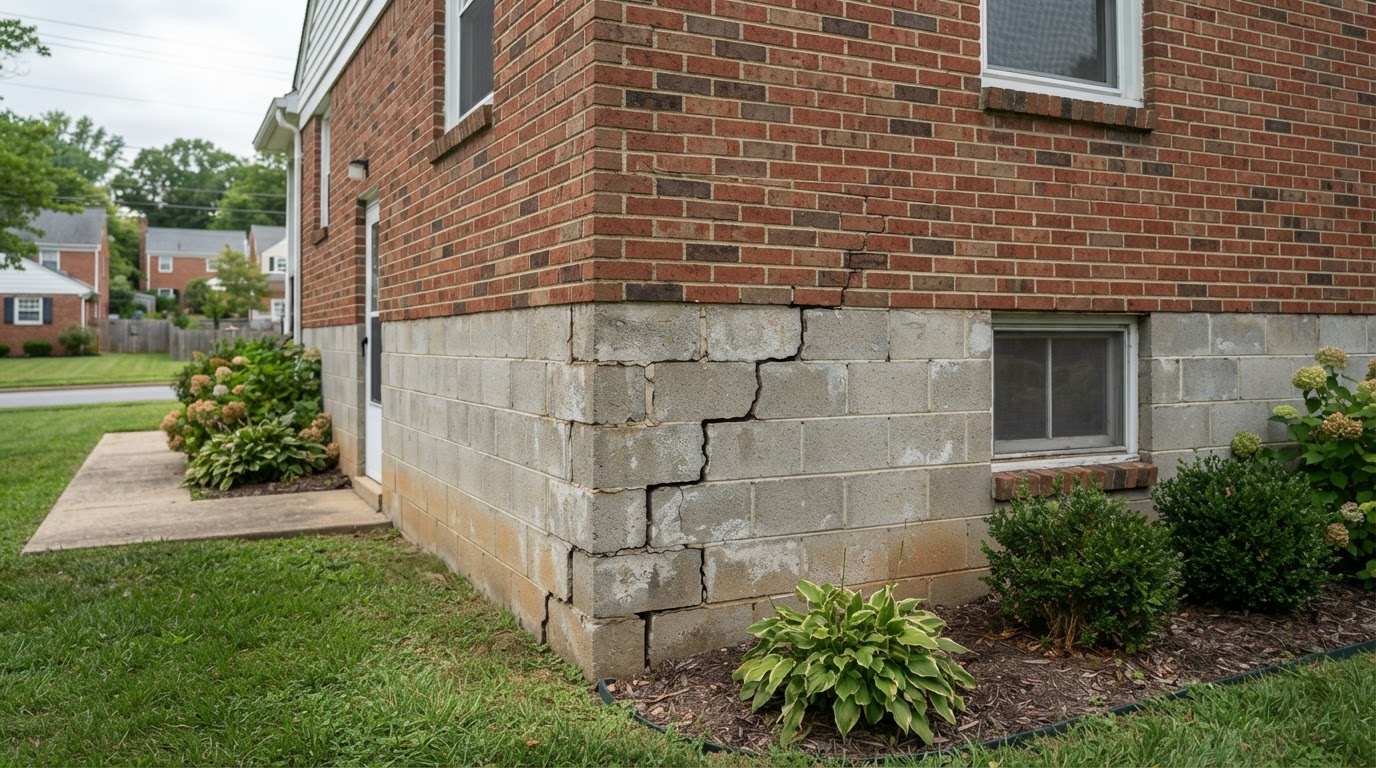 Foundation showing structural cracking before repair in Brandywine, Maryland