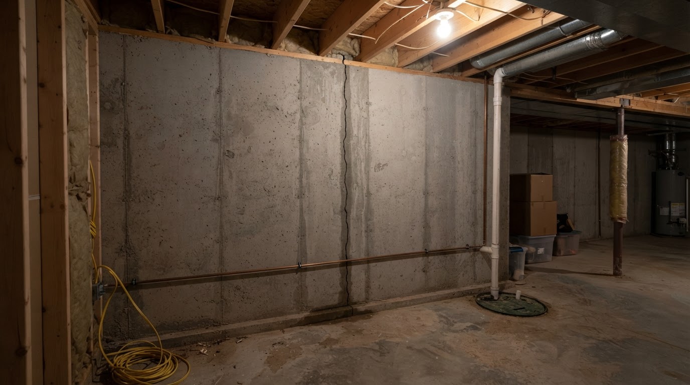 Vertical foundation wall crack before repair near Brandywine, Maryland