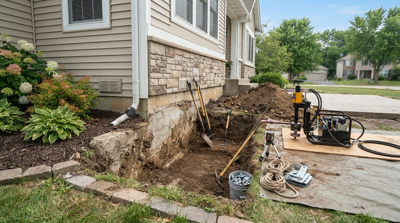Foundation excavation prepared for helical pier installation in Brandywine, Maryland