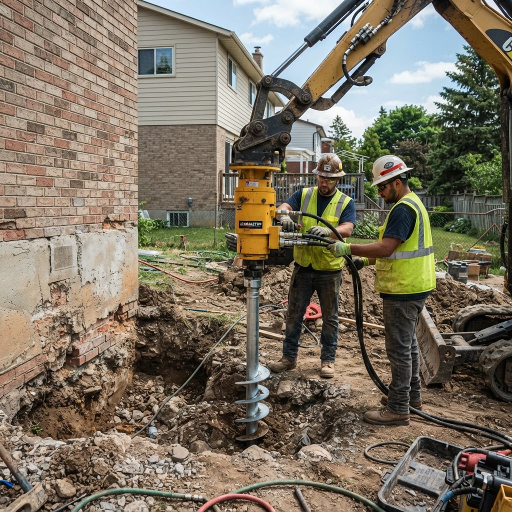 Steel helical pier with helical plates being installed beside a residential foundation in Waldorf Maryland