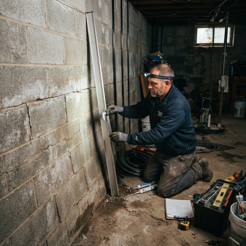 Foundation repair contractor measuring inward deflection on a bowing basement wall in Waldorf Maryland