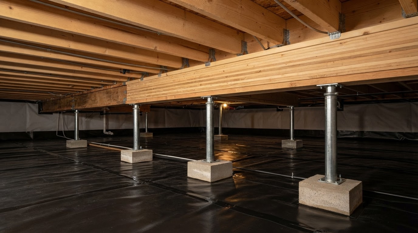 Floor framing after supplemental beam and support jack repair near Brandywine, Maryland
