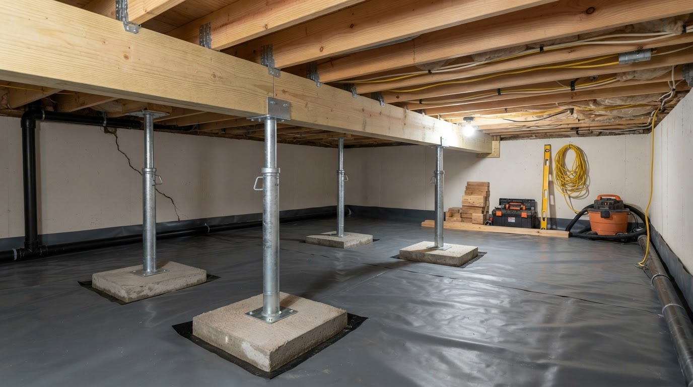 Crawl space after support jack and beam reinforcement in Brandywine, Maryland