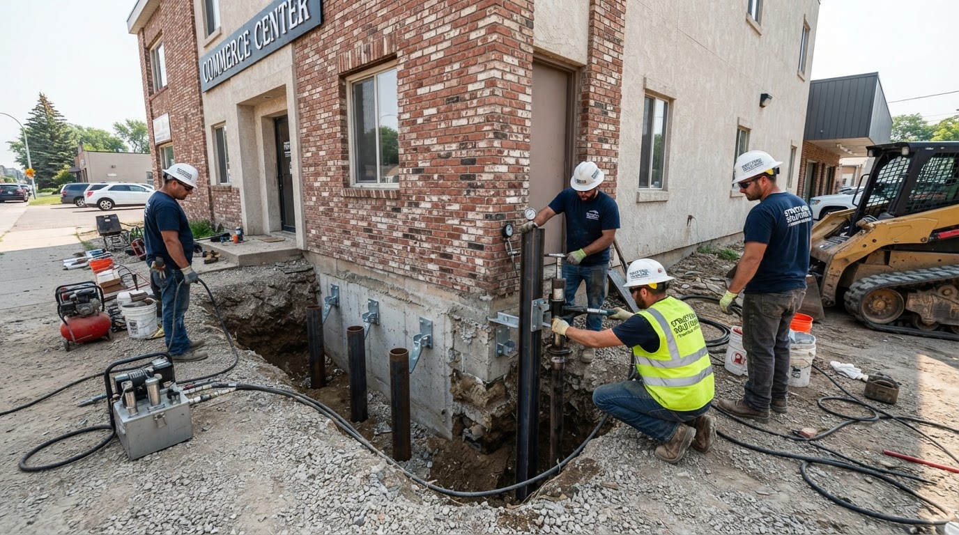 Commercial foundation stabilization and pier installation work at a light-commercial building in Waldorf Maryland