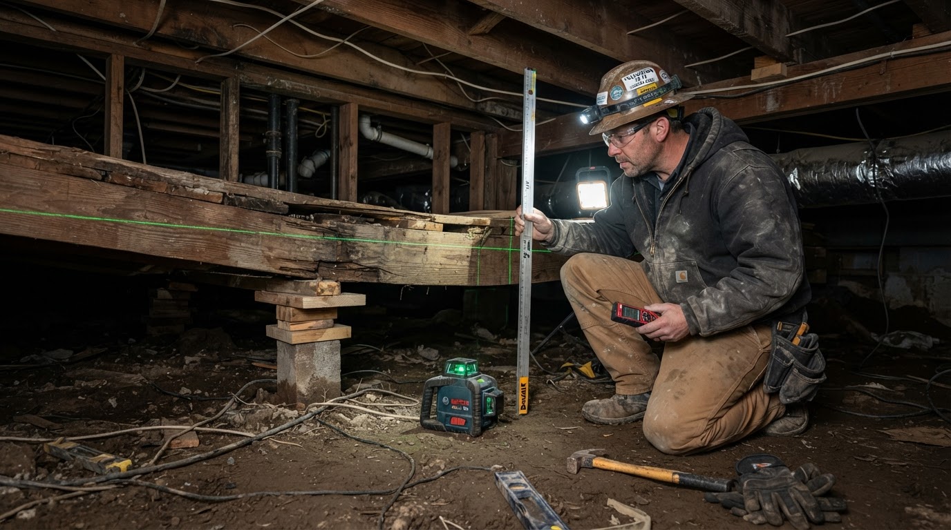 Foundation contractor evaluating floor framing and beam support beneath a sagging floor in Waldorf Maryland