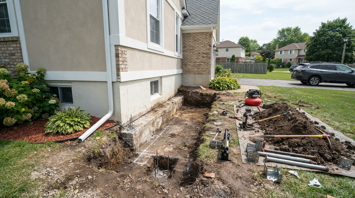 Foundation area prepared for push pier installation near Brandywine, Maryland