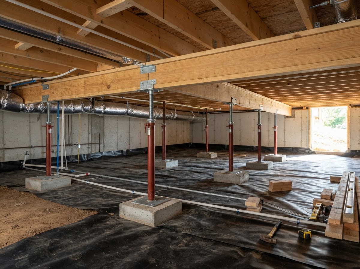 Crawl space structural repair and support jacks in Waldorf