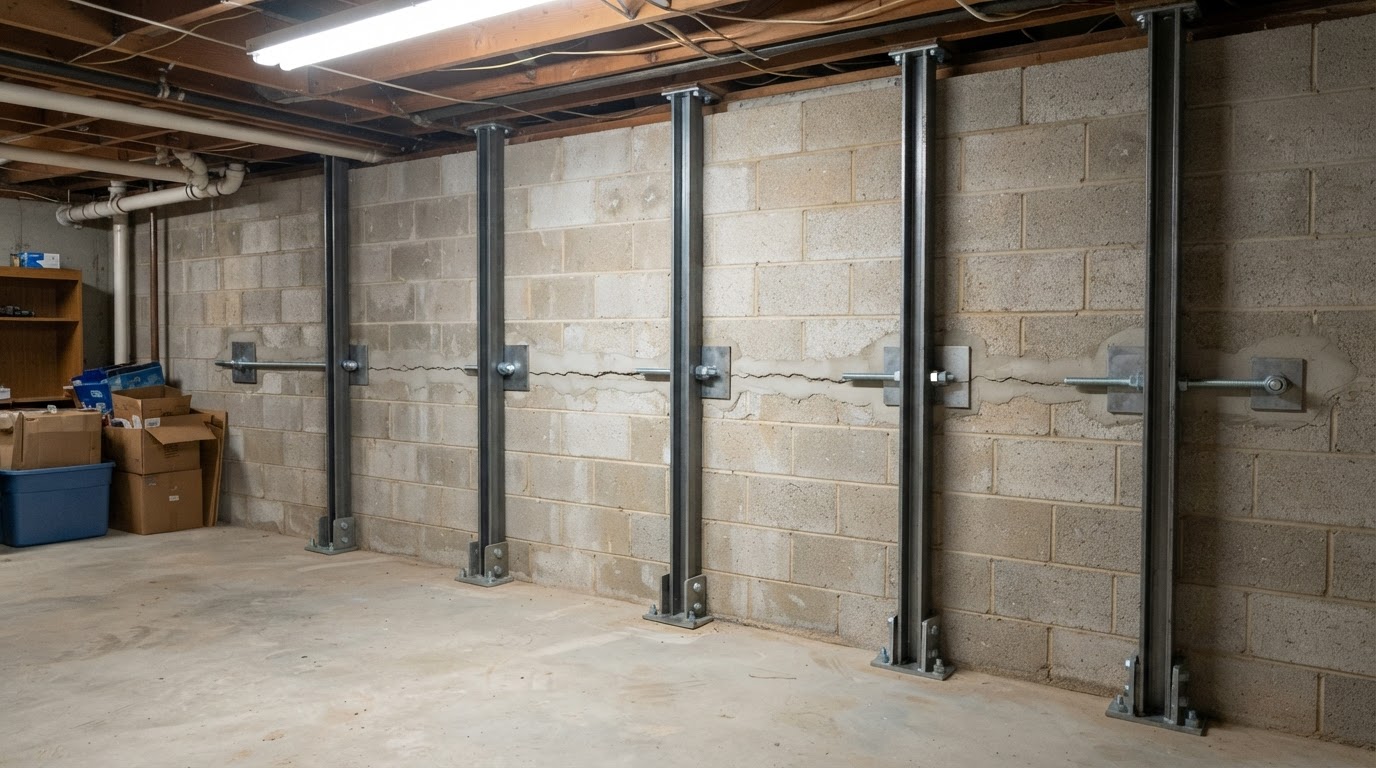 Basement wall after structural stabilization and bracing near Brandywine, Maryland