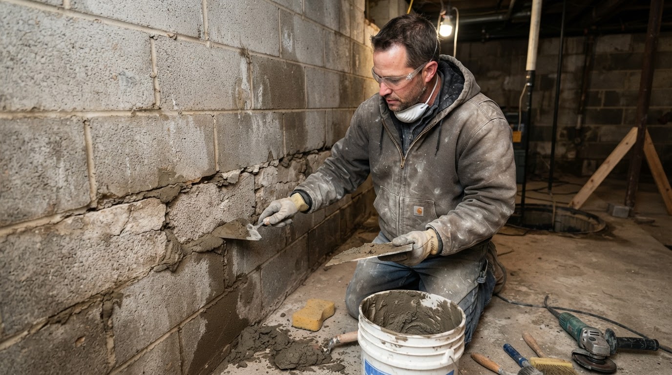 Contractor evaluating cracks in a poured concrete foundation wall in Waldorf Maryland