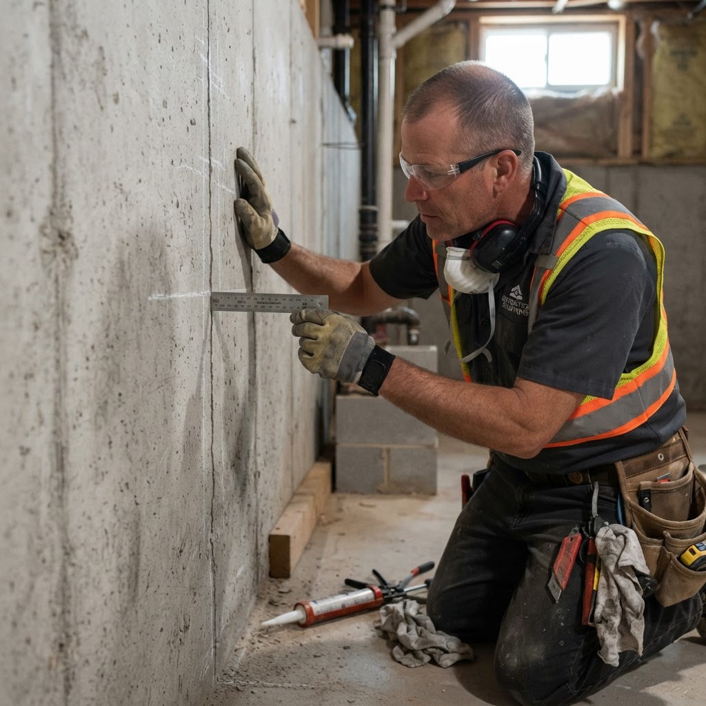 Close-up inspection of a foundation wall crack being measured in a Waldorf Maryland basement