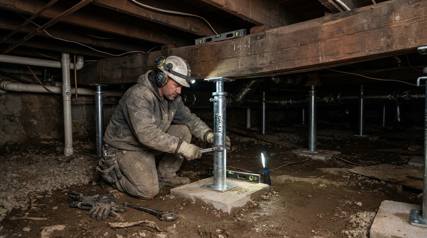 Crawl space support beams and structural framing inspected beneath a sagging floor in Waldorf Maryland