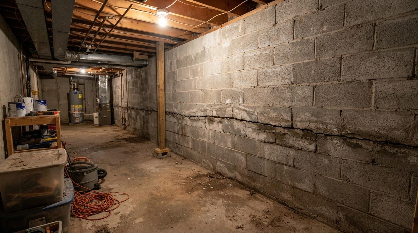 Bowing basement wall with horizontal crack before repair near Brandywine, Maryland