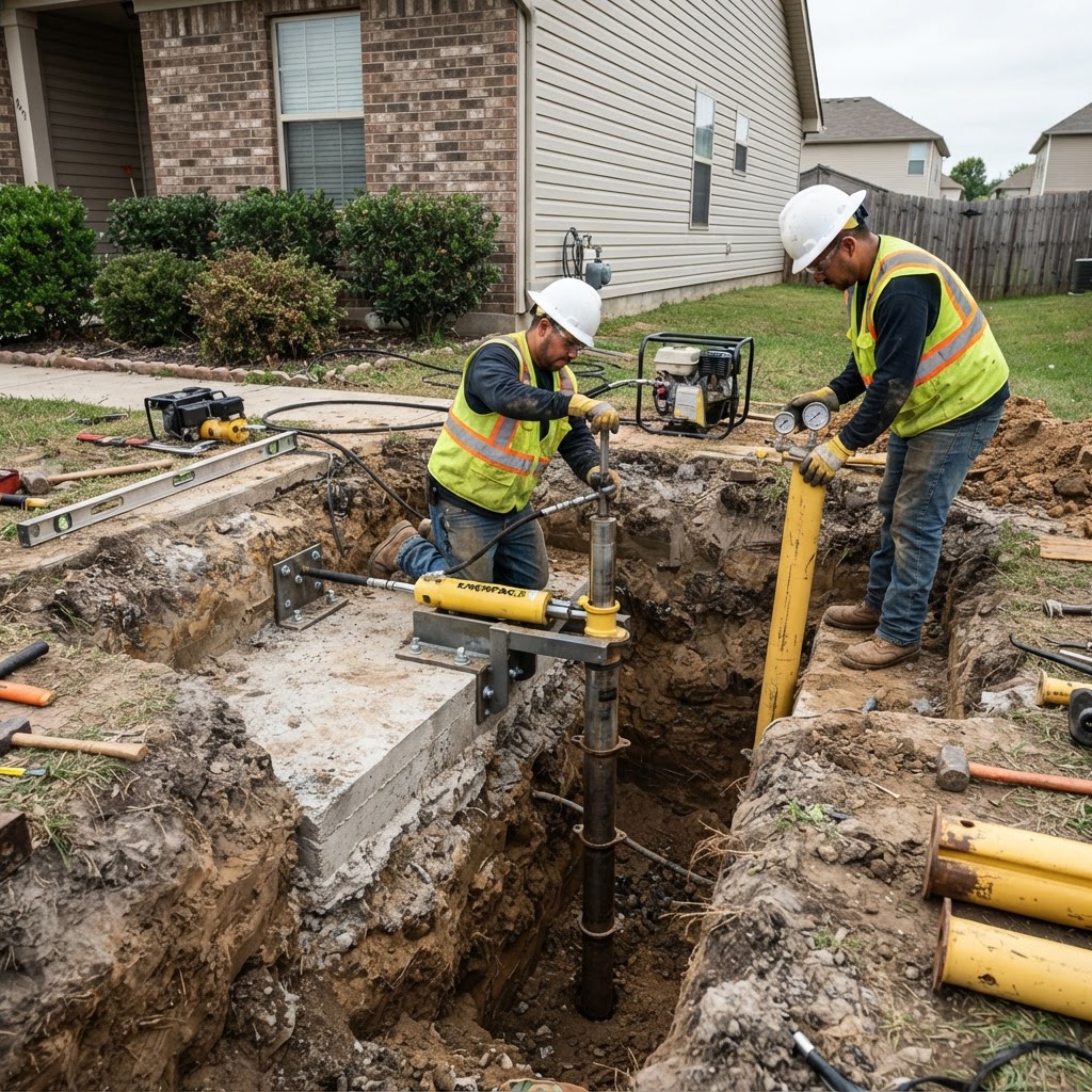 Steel pier installation stabilizing a settling foundation footing in Waldorf Maryland