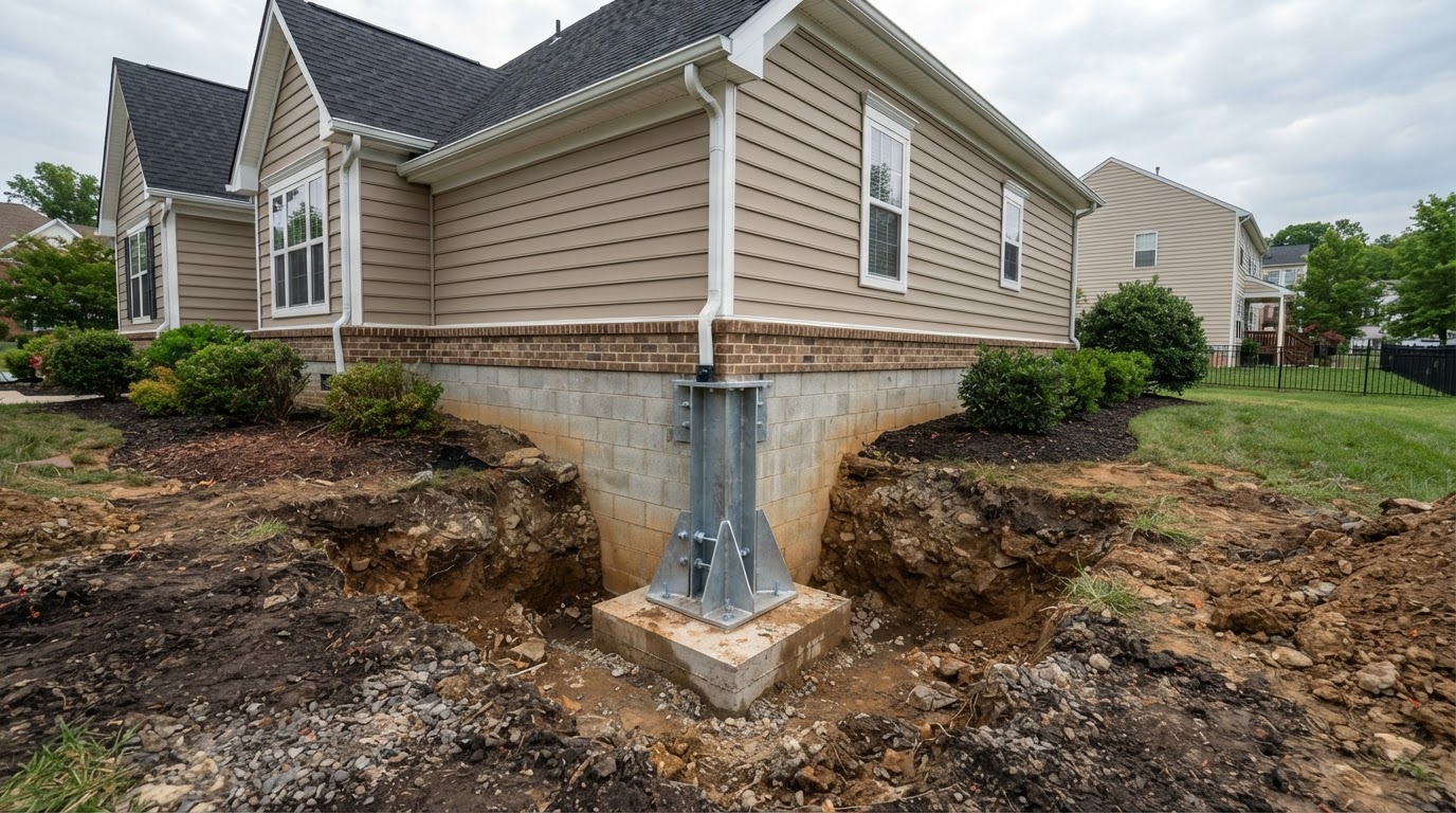 Foundation after pier stabilization and settlement repair in Brandywine, Maryland