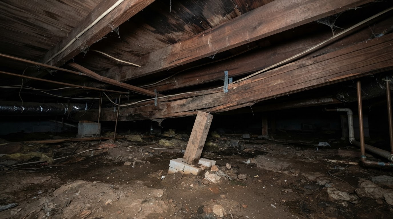 Sagging floor framing before structural repair near Brandywine, Maryland