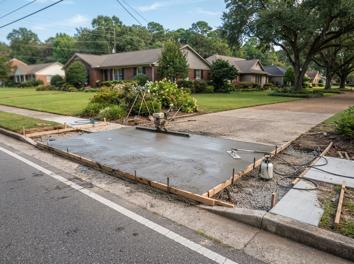 Concrete driveway apron being poured and finished at a residential driveway entrance