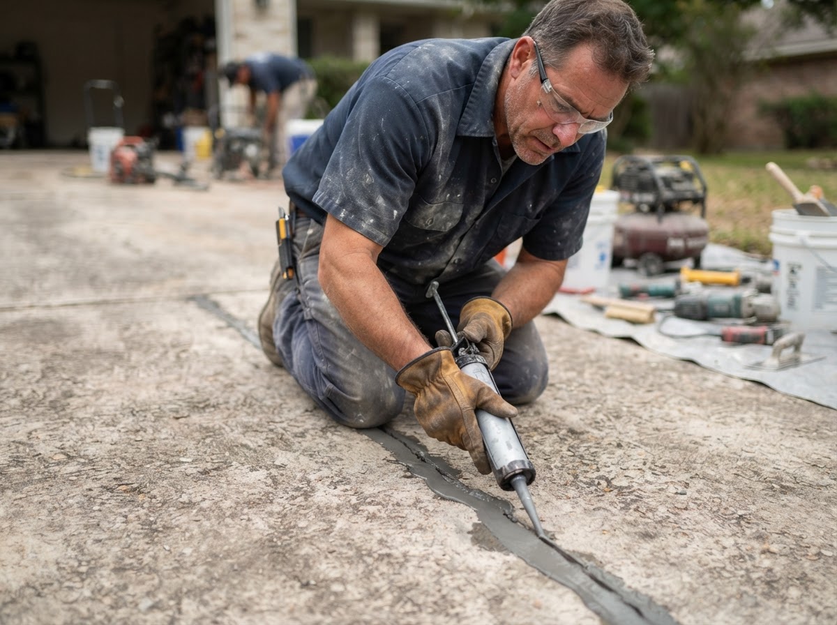 Concrete crack and expansion joint being repaired and sealed with repair material