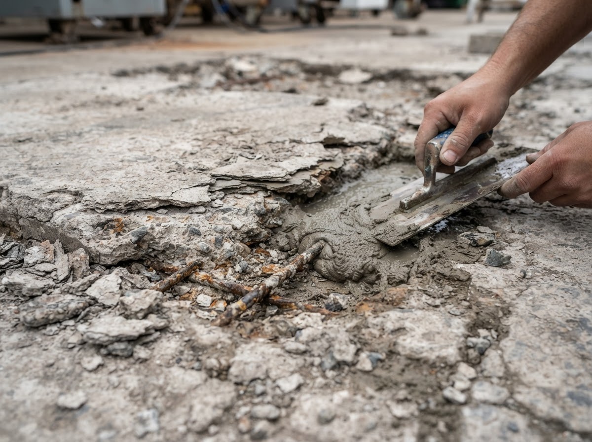 Deteriorated spalling and flaking concrete surface being repaired