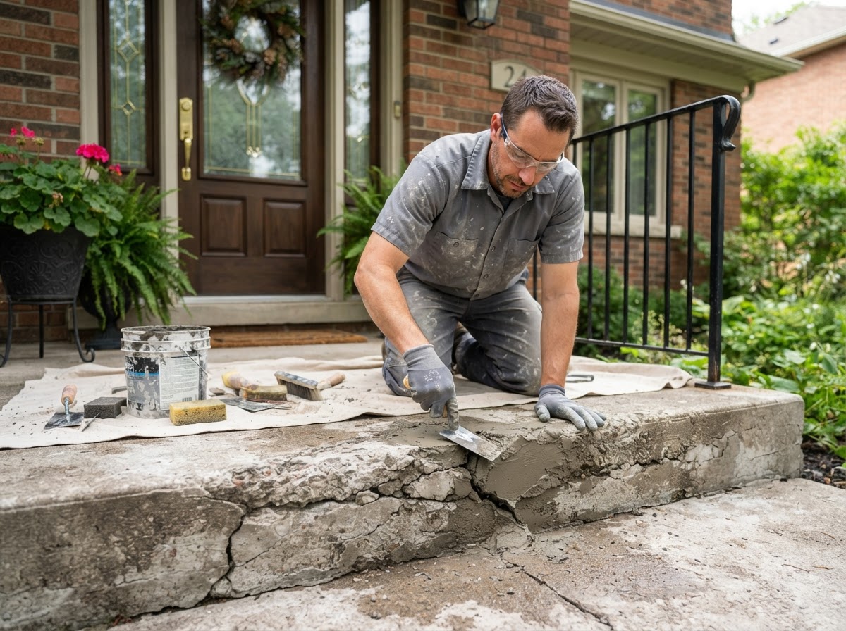 Concrete contractor repairing a cracked front entry stoop and porch step