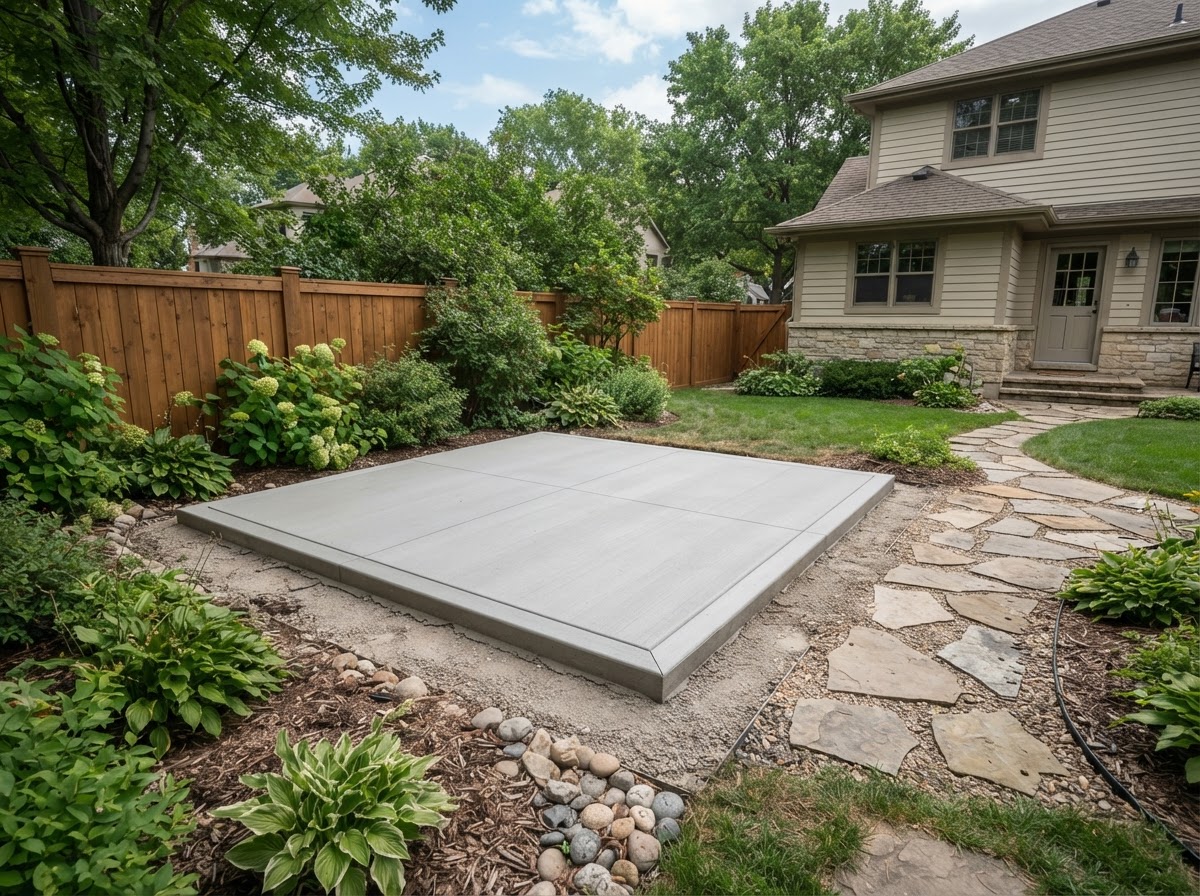 Clean finished concrete hot tub pad slab prepared for spa installation
