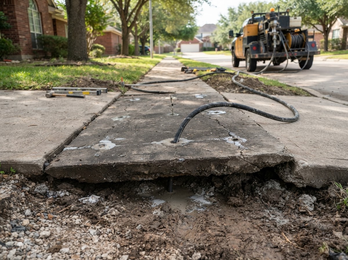 Concrete leveling and mudjacking lifting a sunken sidewalk slab