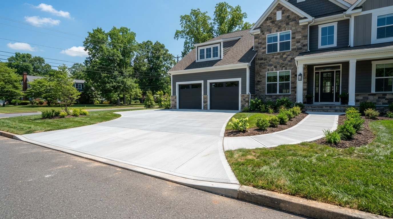 Finished concrete driveway and walkway at a suburban Maryland home