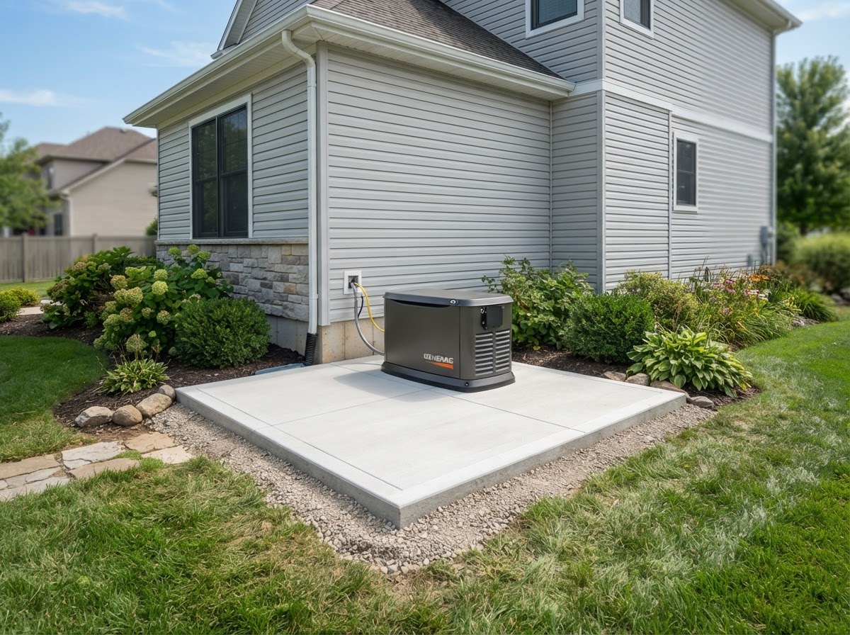 Concrete equipment pad beside a residential building for a generator