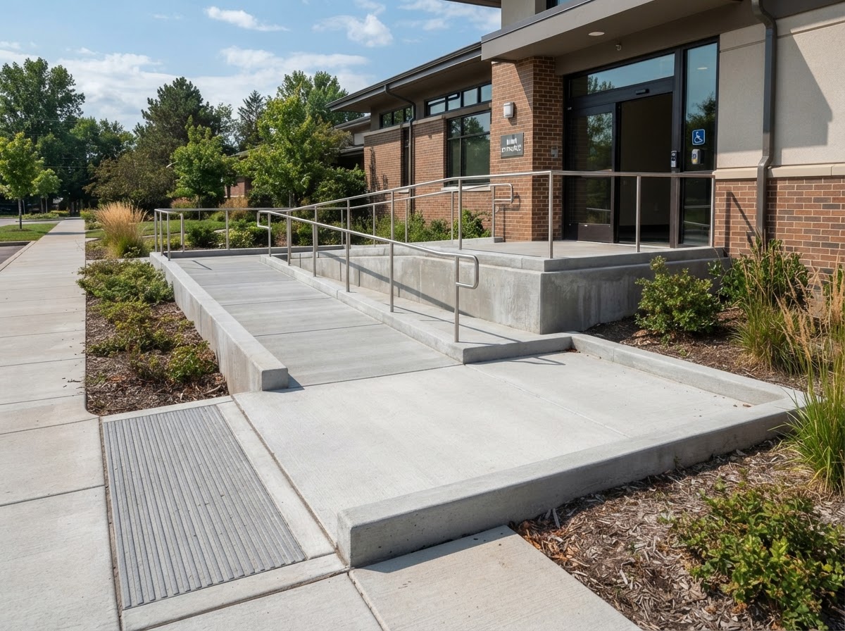 Concrete accessibility ramp with landing leading to a building entrance