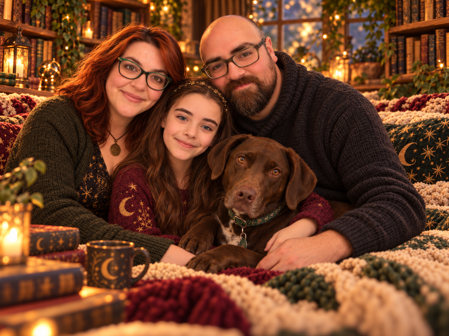 Amy with Mike, Amelia, and their beloved brown dog snuggled by the candlelit bookshelves in starry knits