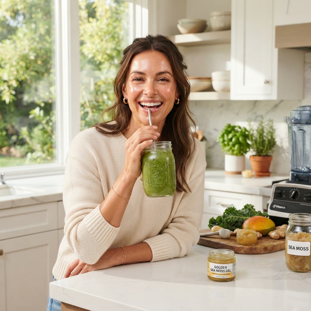 Woman enjoying nutrient dense sea moss green smoothie