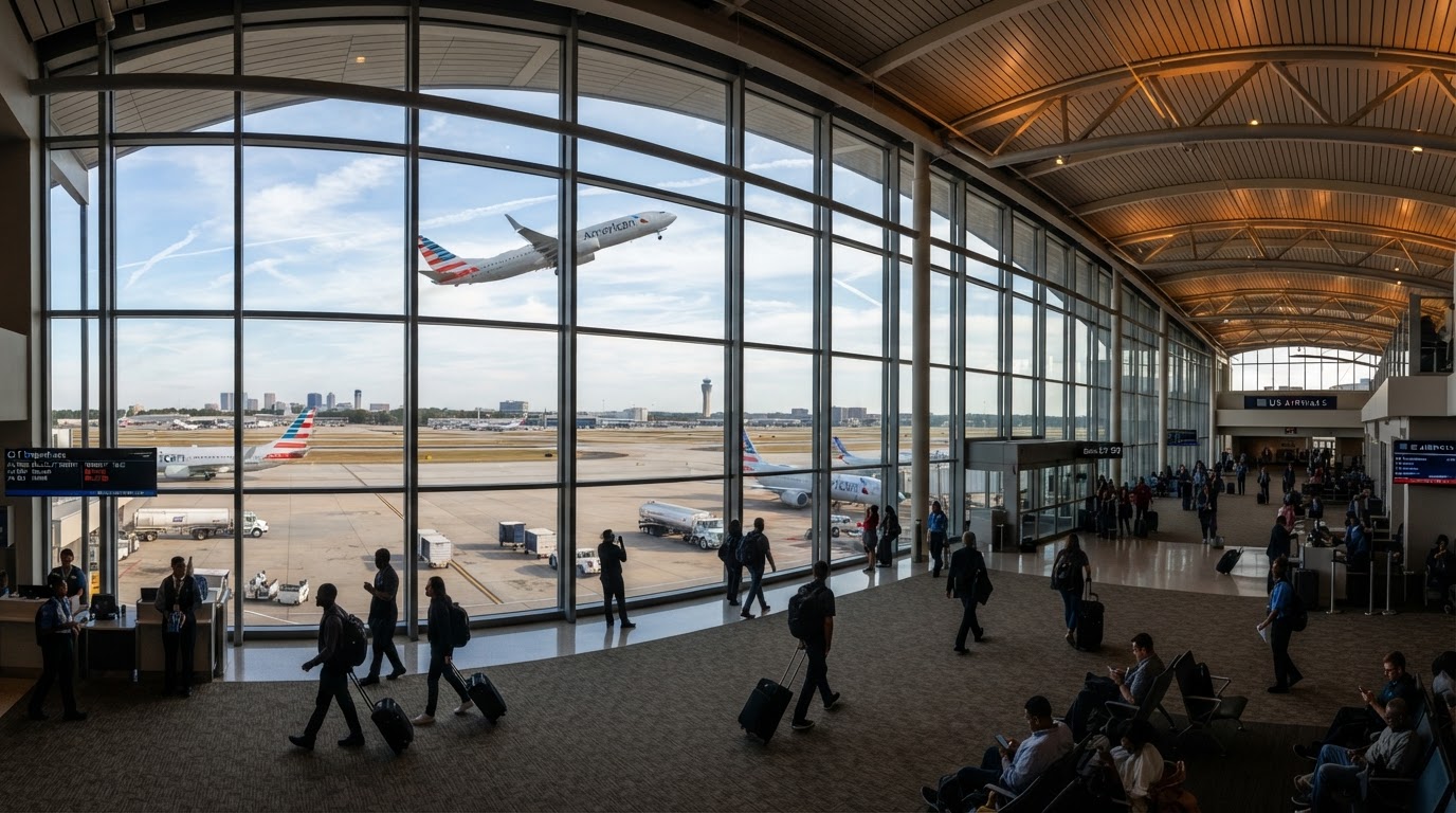 Charlotte Douglas modern glass concourse overlooking runway with airport staff and travelers