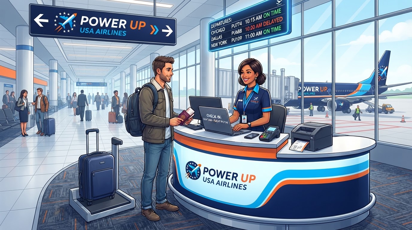A friendly airline agent working at the Power Up USA Airlines check-in counter with a laptop and boarding pass printer, a departure board in the background.