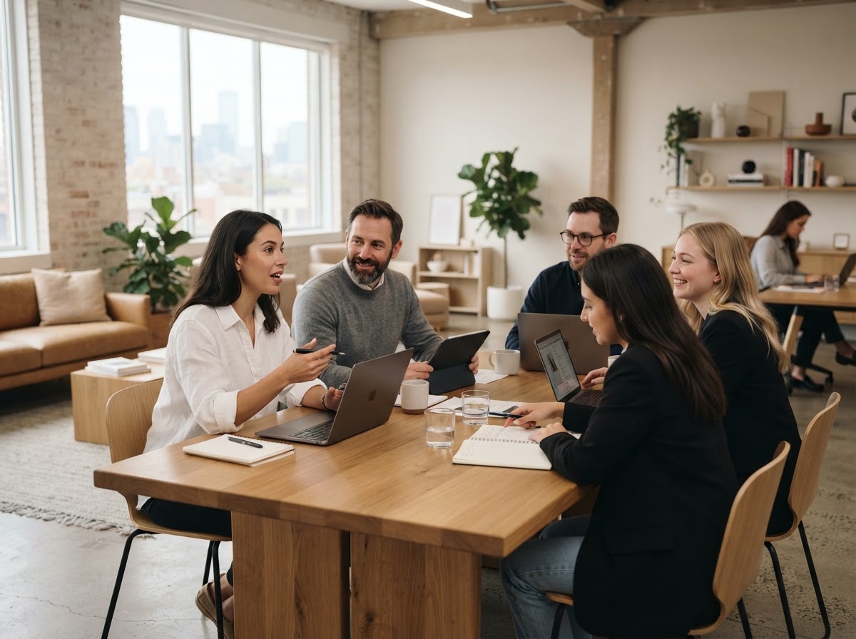 A modern minimalist office team collaborating around a sleek table