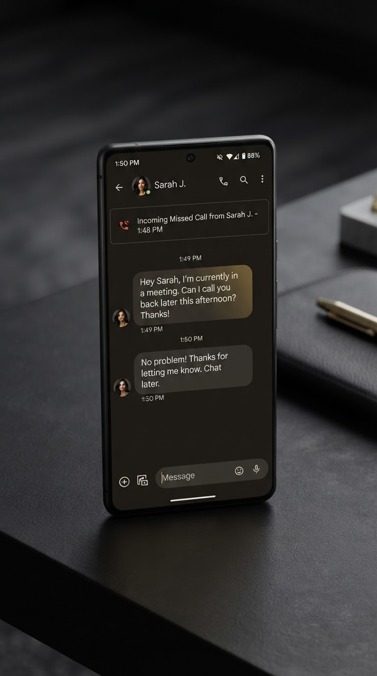 Smartphone showing a missed call instantly triggering an automated text message reply