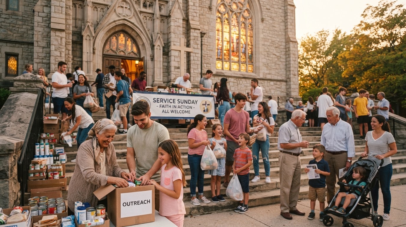 Catholic parish community gathered after Sunday service organizing a service project