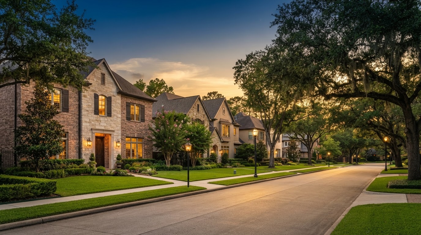 Houston, Texas residential neighborhood at golden hour