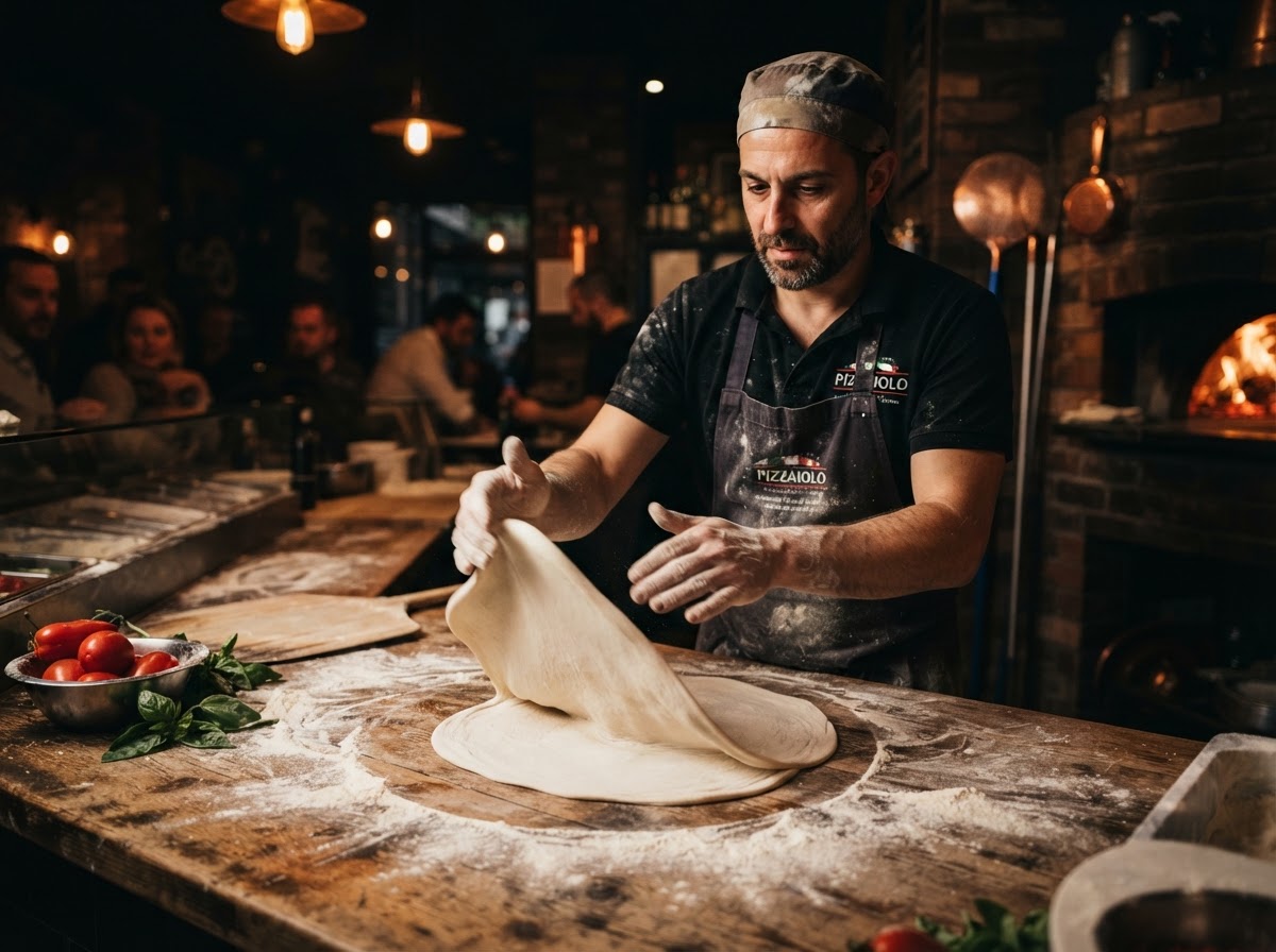 Pizzaiolo estirando la masa a mano