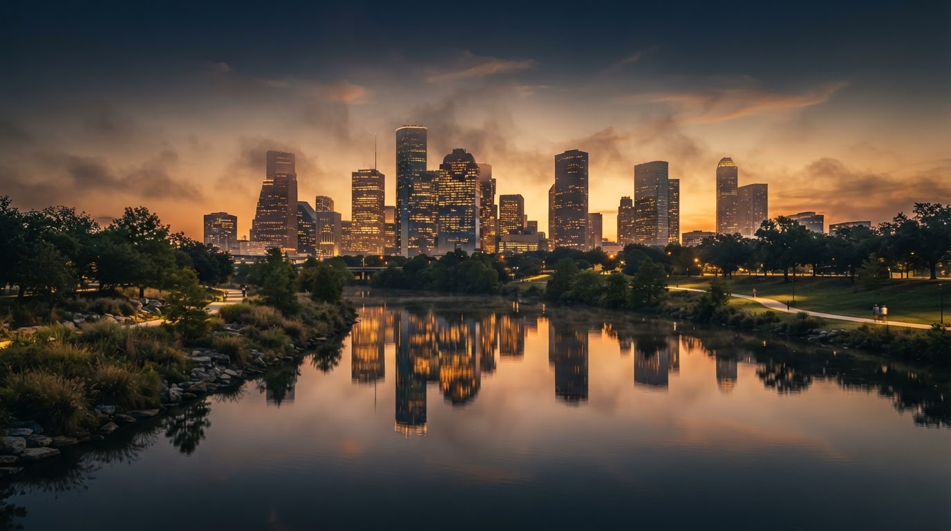 Houston downtown skyline at golden hour
