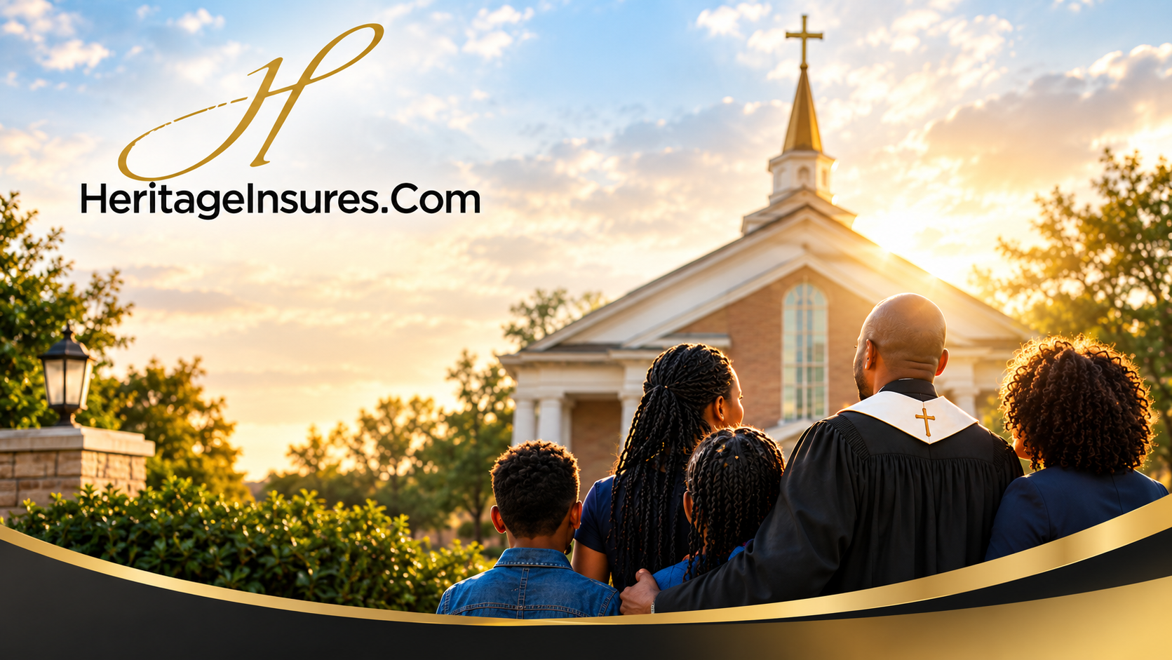 HeritageInsures.Com - Pastor and family overlooking church at sunset