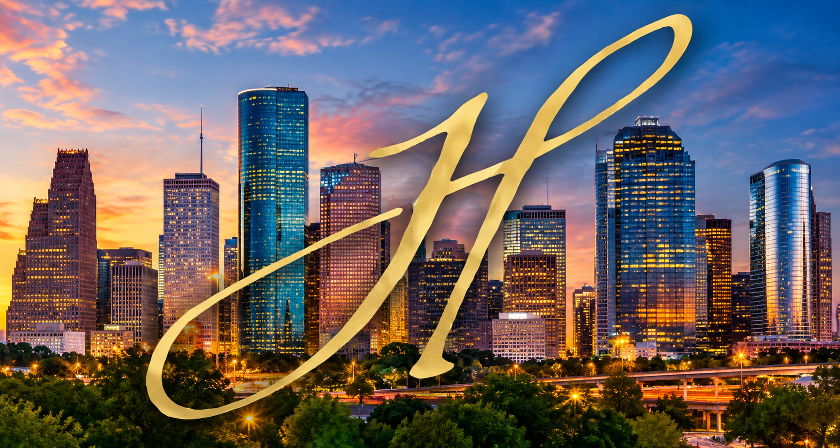 Heritage emblem over the Houston, Texas skyline