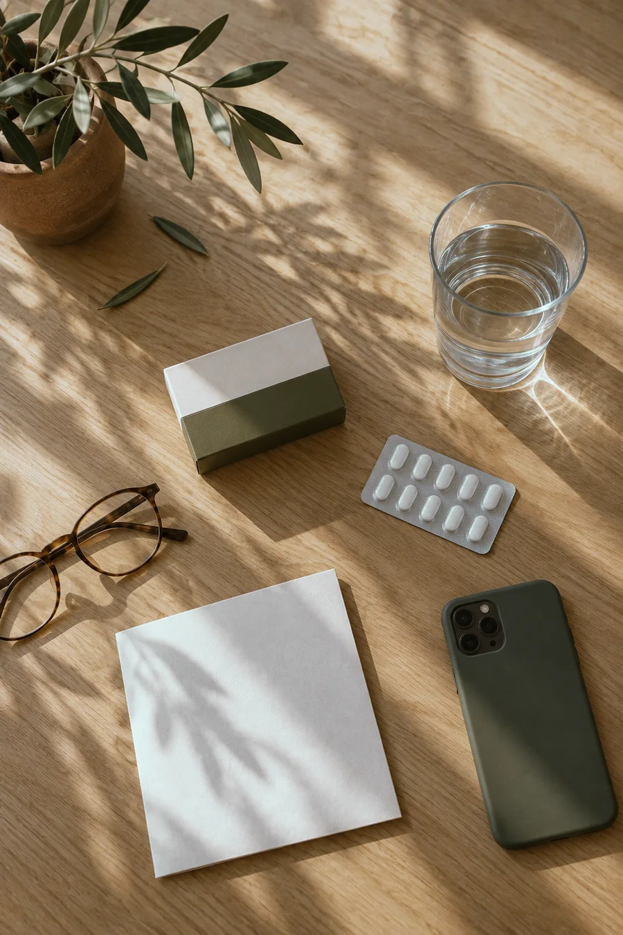 Mesa com celular, caixa de remédio, cartela de comprimidos, óculos e um copo d'água, pronta para a consulta