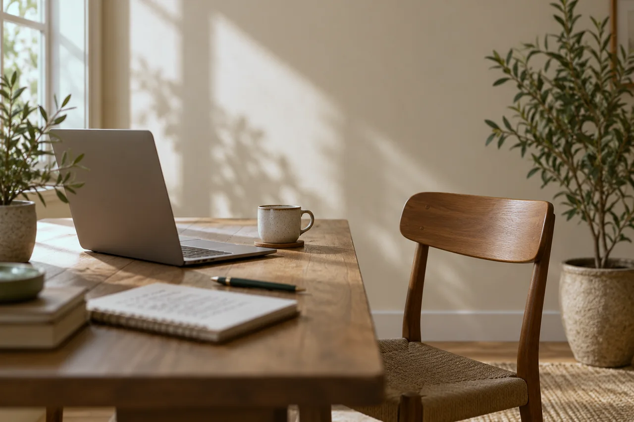 A mesa de onde a consulta sai, com o notebook, um caderno e a cadeira, na luz da tarde