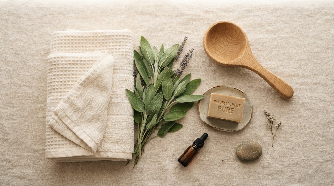 A calm home spa flat lay with warm ivory towels and sage green eucalyptus