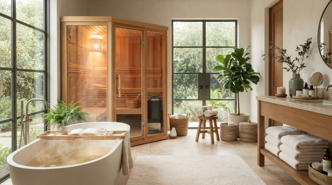 A serene at-home spa retreat with sauna, cold plunge, and warm ivory tones