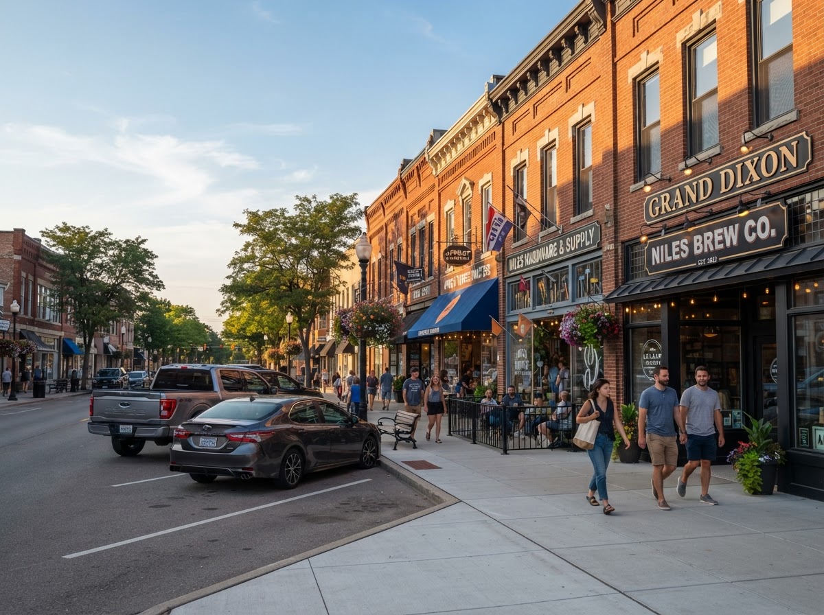 A small Midwest downtown main street at golden hour, brick storefronts in warm evening light