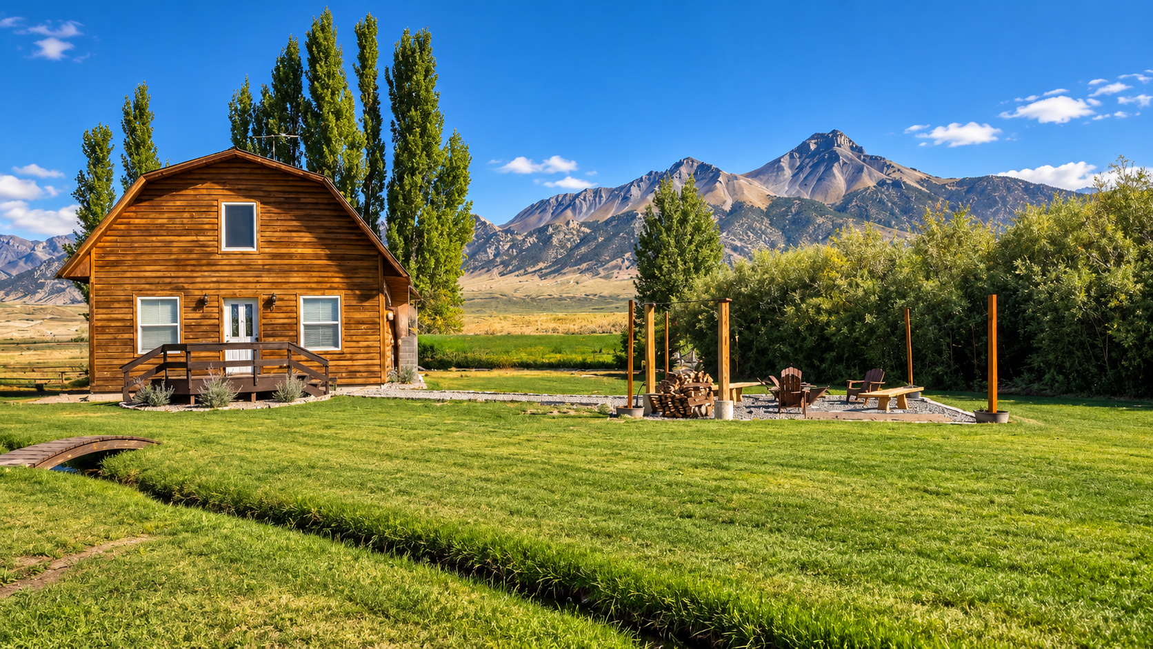 Borah Bunkhouse cabin and grounds in Mackay, Idaho beneath the Lost River Range