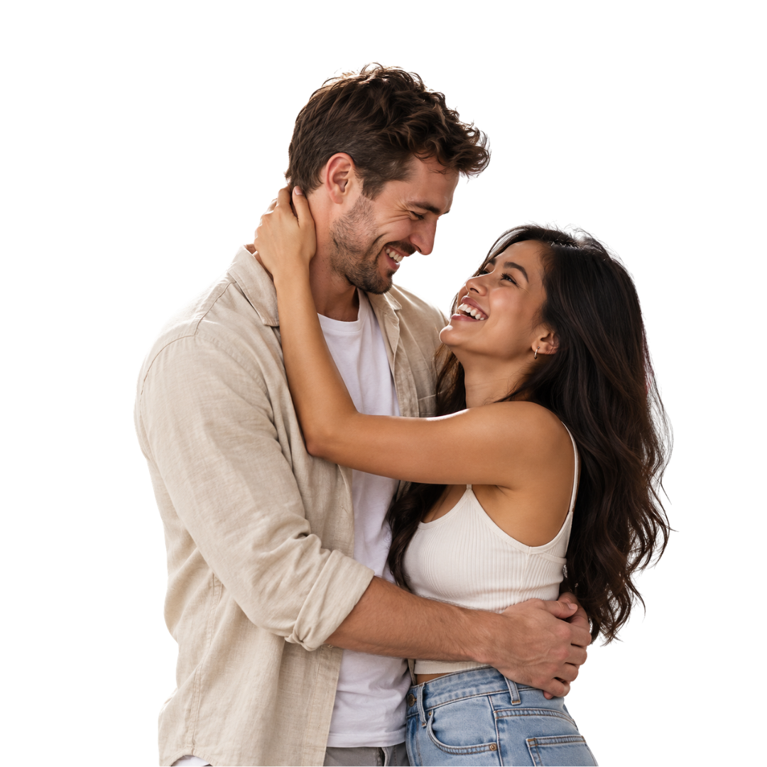 A happy interracial couple laughing and genuinely connecting with each other