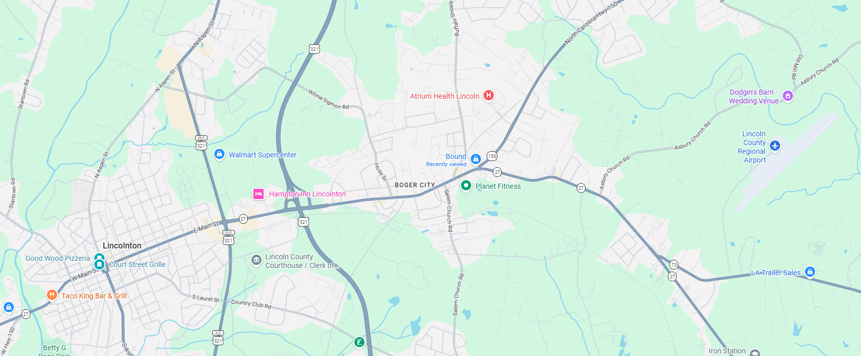 Map of Lincolnton and Boger City showing Bound located at the intersection of Highway 150 and Highway 27 (East Main Street)